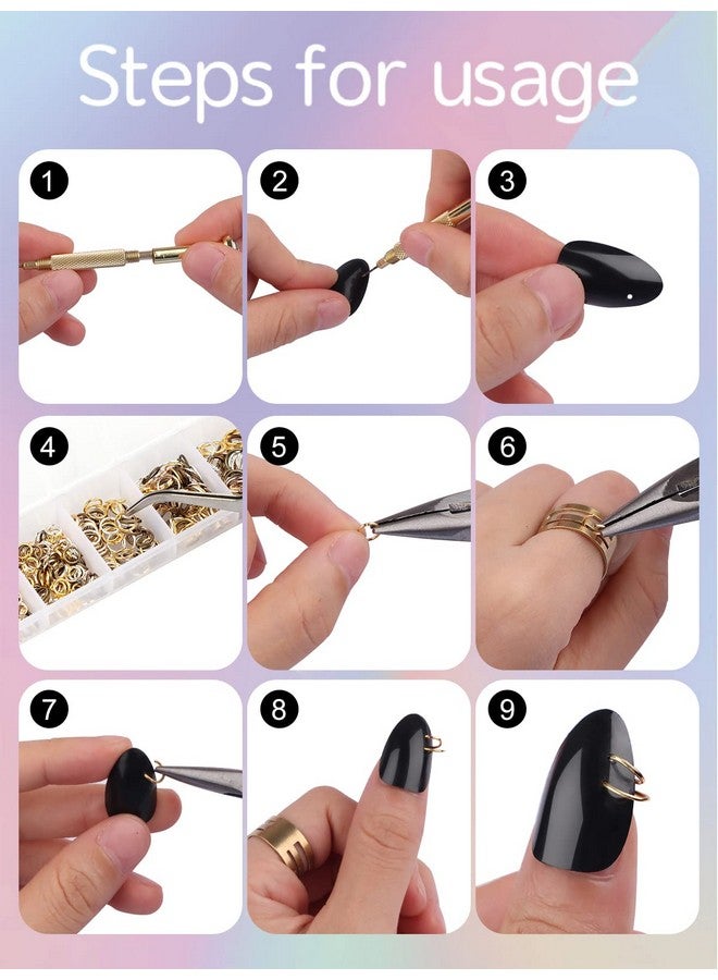 TOROKOM 1014 Pcs Nail Art Dangle Charms Piercing Tool Hand Drill Torokom 6 Sizes 4 Colors Open Jump Rings For Jewelry Making With Jump Ring Opener Nail Charms Nail Jewelry Rings With Pliers And Tweezers - Image 4