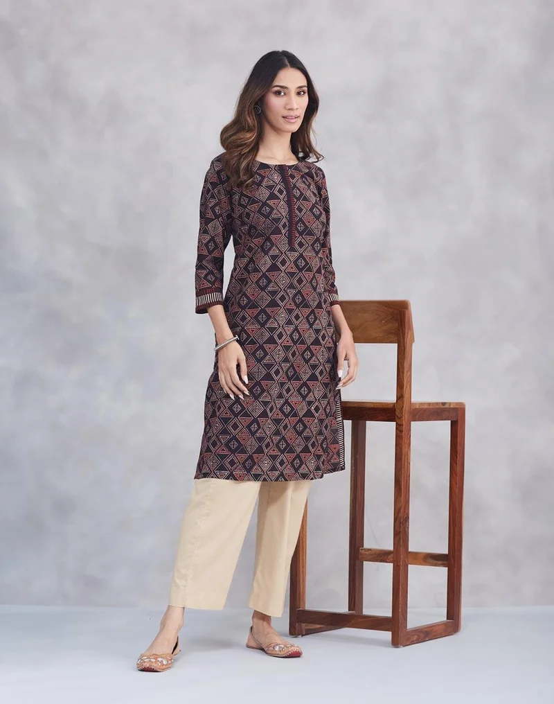Black Cotton Ajrakh Printed Knee Length Kurta