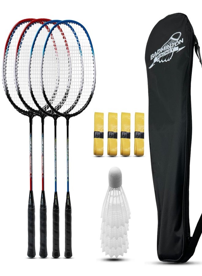 Magicorange مجموعة مضارب تنس الريشة ماجيك أورانج مكونة من 4 قطع لألعاب الفناء الخلفي الخارجية، تتضمن 4 مضارب، و4 كرات ريشة، و4 أشرطة مقبض بديلة، وحقيبة حمل واحدة (أزرق + أحمر). - Image 1