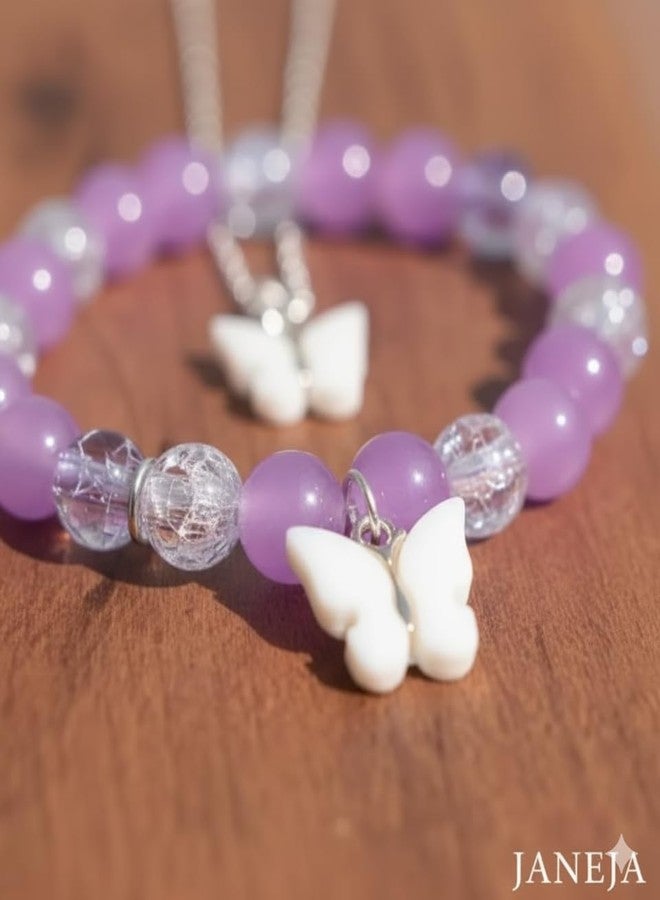 JANEJA Butterfly Jewellery Set for Women & Girls – Bracelet & Necklace Combo with Beads – Adjustable Elastic Fit, Gifting (BLACK-PURPLE COMBO) - Image 3