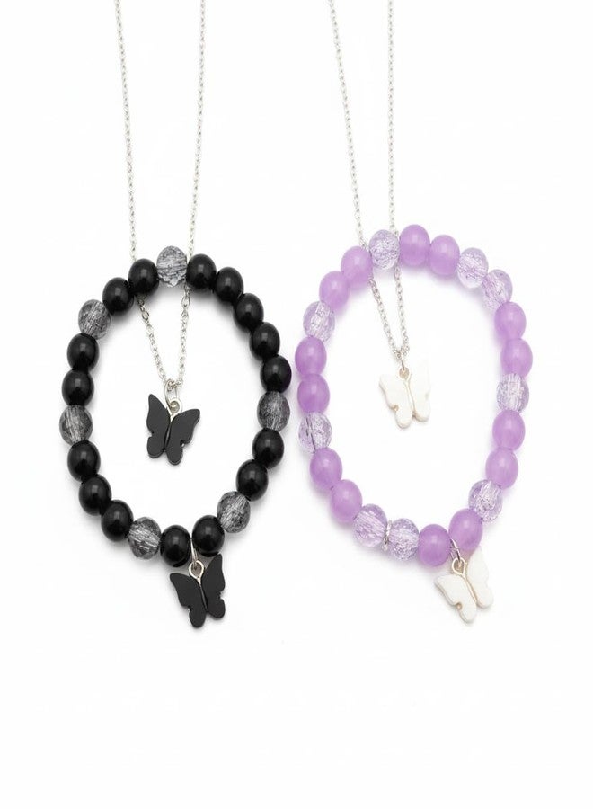 JANEJA Butterfly Jewellery Set for Women & Girls – Bracelet & Necklace Combo with Beads – Adjustable Elastic Fit, Gifting (BLACK-PURPLE COMBO) - Image 1