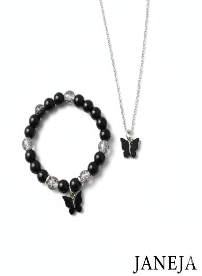 JANEJA Butterfly Jewellery Set for Women & Girls – Bracelet & Necklace Combo with Beads – Adjustable Elastic Fit, Gifting (BLACK-PURPLE COMBO) - Image 2