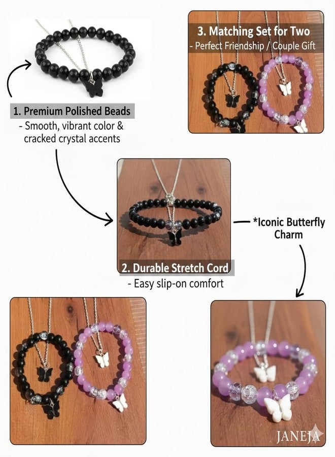 JANEJA Butterfly Jewellery Set for Women & Girls – Bracelet & Necklace Combo with Beads – Adjustable Elastic Fit, Gifting (BLACK-PURPLE COMBO) - Image 4