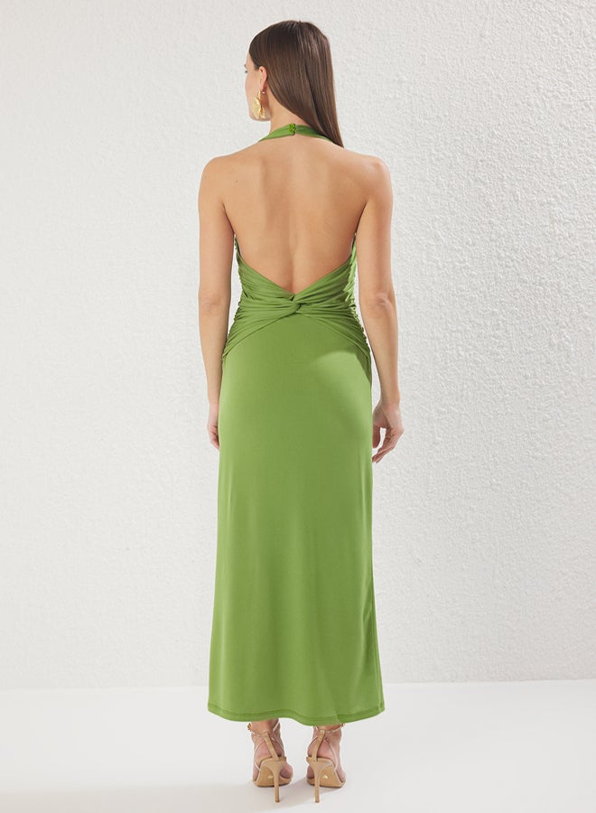 trendyol Oil Green Plain Shirring / Drape Midi Twist Detailed Stretchy Knitted Dress - Image 4