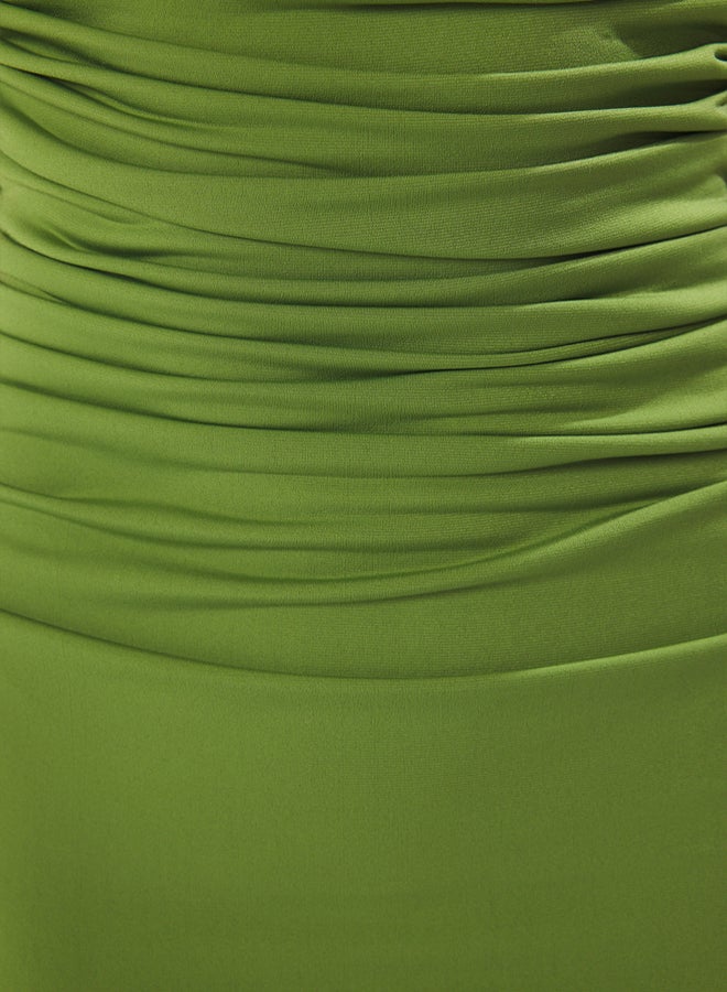 trendyol Oil Green Plain Shirring / Drape Midi Twist Detailed Stretchy Knitted Dress - Image 3