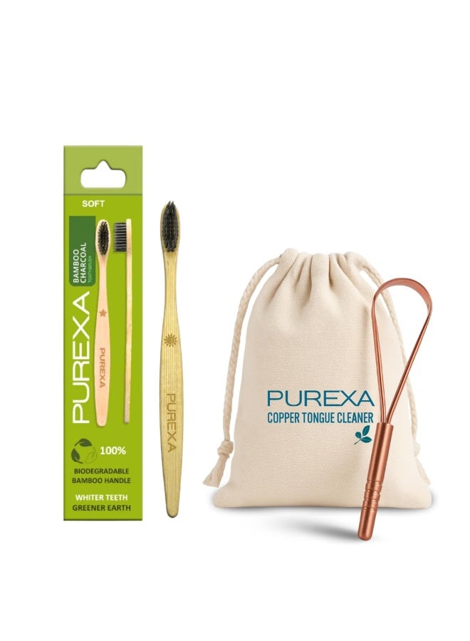PUREXA Bamboo Oral Care Combo | 1 Bamboo Toothbrush with Activated Charcoal Bristles with 1 Q Shape Copper Tongue Cleaner | Eco-Friendly Oral Hygiene Set - Image 4