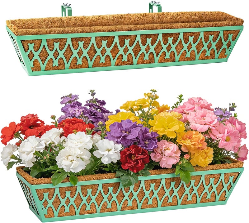 Karlliu 2 Pack 30 Inch Window Boxes Planters Railing Planter Box with Adjustable Brackets for Porch Fence Patio Balcony Hanging Flower Baskets with Coco Liners for Outdoor Garden Decor - Green - Image 1