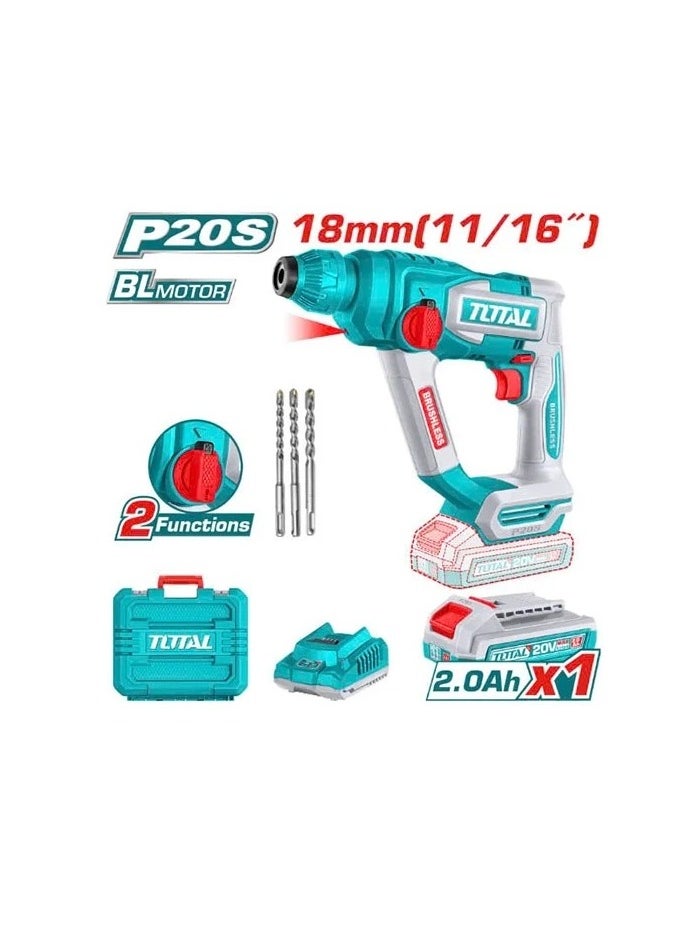 TOTAL TOTAL Cordless Rotary Hammer 20V – 3-in-1 Drilling, Hammer Drilling & Chiseling – 2.2 Joules Impact Energy, 4.5K BPM, Ergonomic Design, Includes 20V Lithium Battery & Charger – Ideal for Concrete, Masonry & Home Renovation  - Image 2