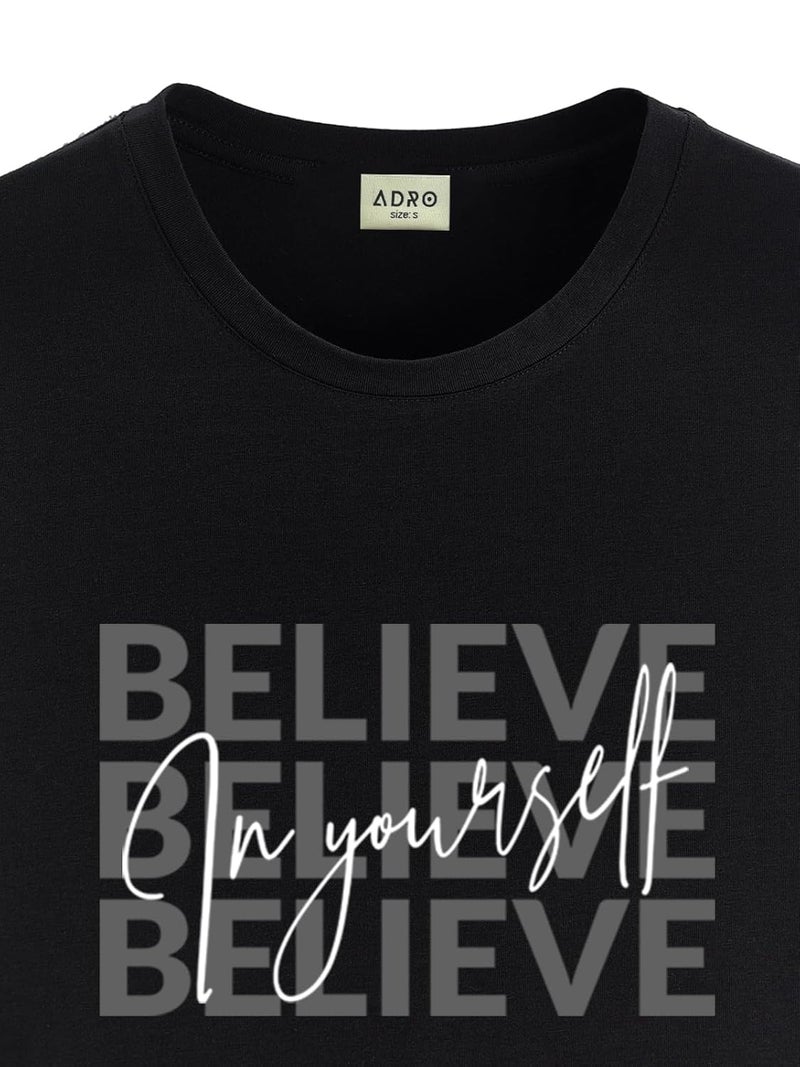 adro تي شيرت ADRO الأسود الرجالي المطبوع التحفيزي - آمن بنفسك رسمة، مقاس عادي، قماش قطن ليكرا مرن - Image 2