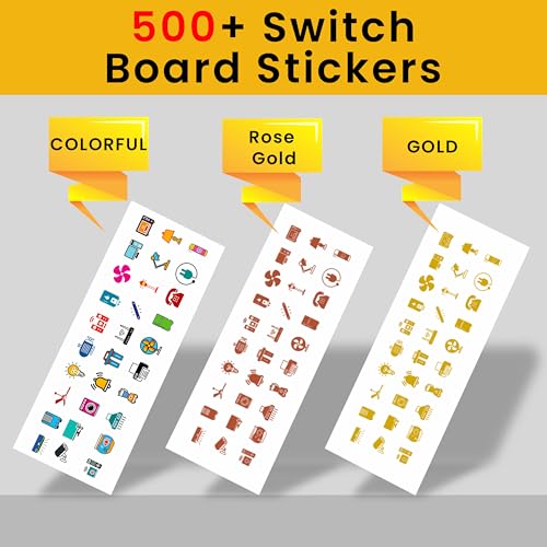 SOLOBOLO Vinyl 500+ Switch Board Button Self Adhesive Stickers For Plastic Surface for Home,30+ Icons for Fan Light Fridge AC,3 in 1 Gold,Rose Gold & Colourful Labels for Switchboard,15 cm - Image 2