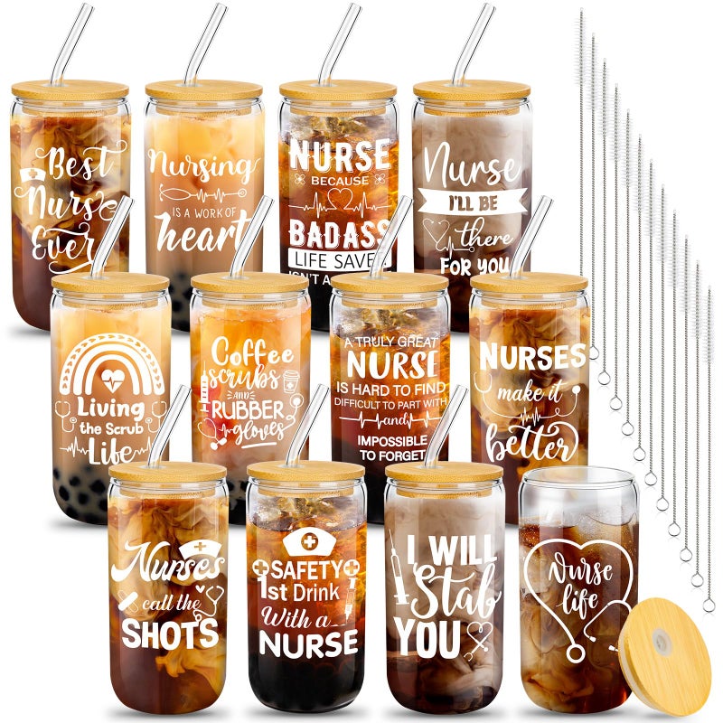 Uiifan 12 Pcs Nurse Gifts for Women 16 oz Can Shaped Glass Cups with Lids and Straw Funny Nurses Week Appreciation Gifts Nurses Day Gift for Christmas Graduation Birthday School Supplies Classic