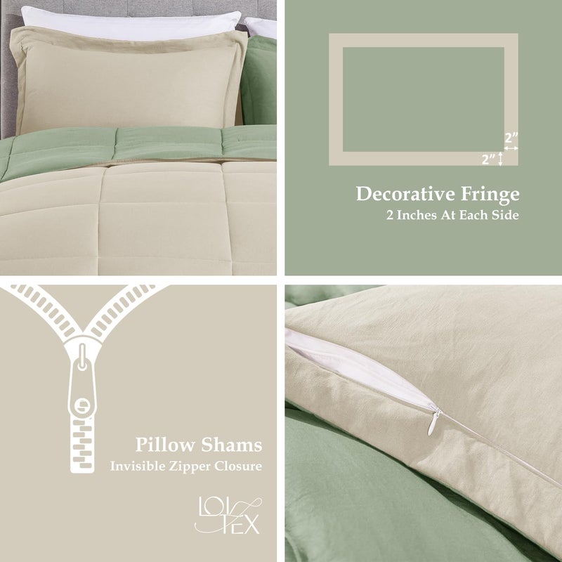 LOVTEX 3PCS Sage Queen Size Comforter Sets - Ultra Soft Washed Microfiber Queen Comforter Set - Reversible Down Alternative Beige Comforter Queen with 2 Pillow Shams(Sage/Beige) - Image 4