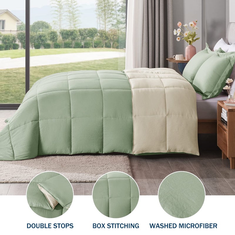 LOVTEX 3PCS Sage Queen Size Comforter Sets - Ultra Soft Washed Microfiber Queen Comforter Set - Reversible Down Alternative Beige Comforter Queen with 2 Pillow Shams(Sage/Beige) - Image 3