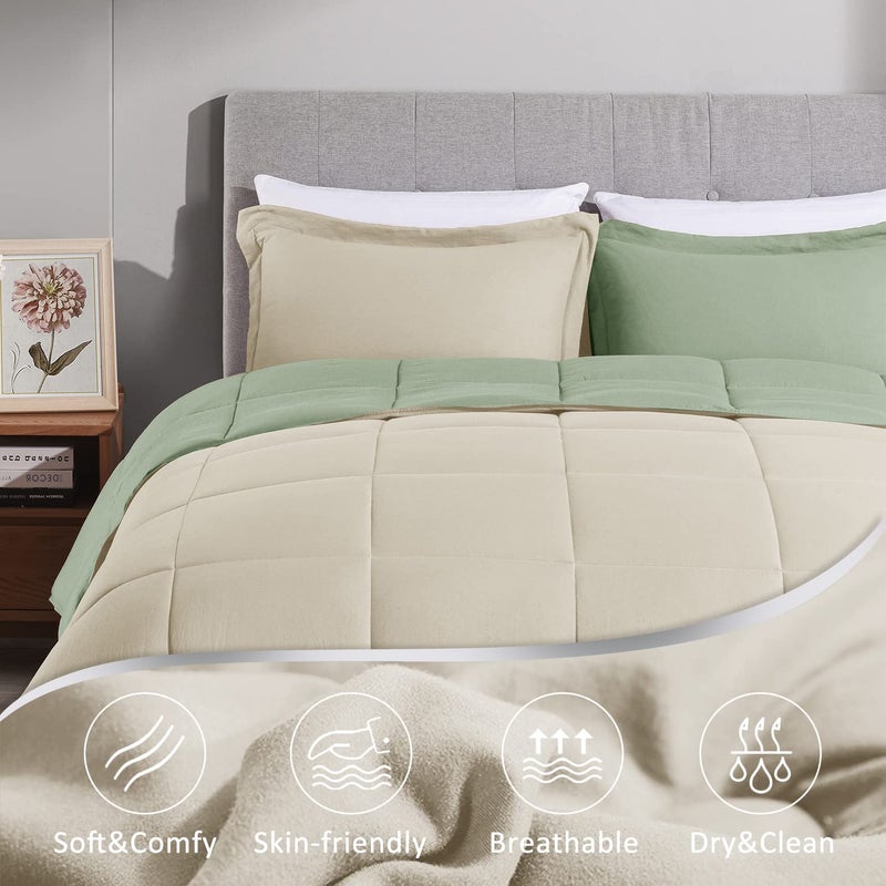LOVTEX 3PCS Sage Queen Size Comforter Sets - Ultra Soft Washed Microfiber Queen Comforter Set - Reversible Down Alternative Beige Comforter Queen with 2 Pillow Shams(Sage/Beige) - Image 5
