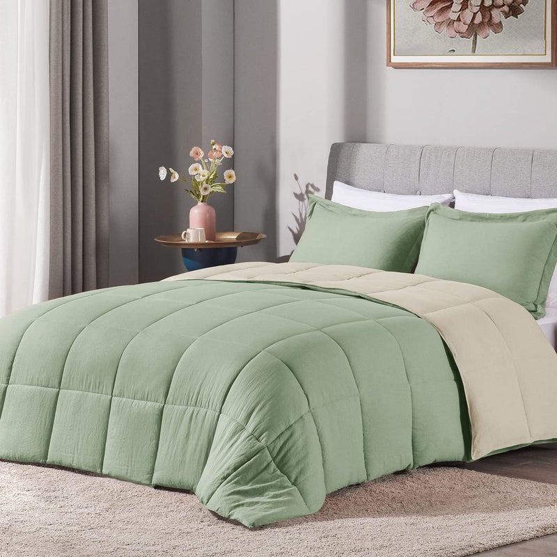 LOVTEX 3PCS Sage Queen Size Comforter Sets - Ultra Soft Washed Microfiber Queen Comforter Set - Reversible Down Alternative Beige Comforter Queen with 2 Pillow Shams(Sage/Beige) - Image 1