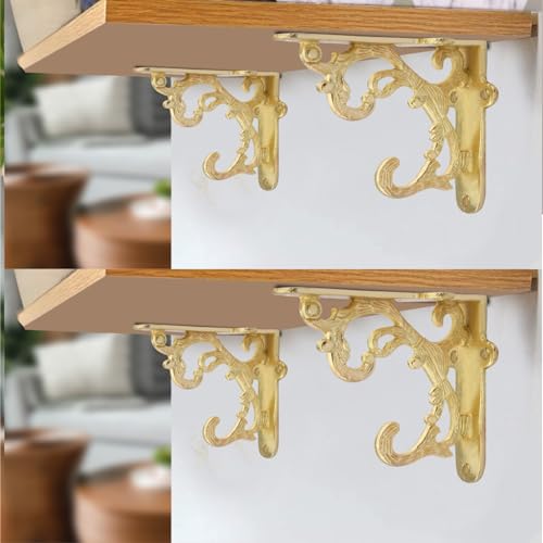 GHAR DWAR Metal Handcrafted Shelf Bracket for Floating Shelves L Angle Decorative L Shaped Corner Brace Joint Heavy Duty Wall Mounted Shelf Supporter Corner Brace Holder (Pack of 4, Gold) - Image 1
