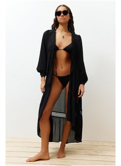 Black Tropical Patterned Maxi Chiffon Kimono & Kaftan with Woven Ribbon Accessories TBESS23KM00002