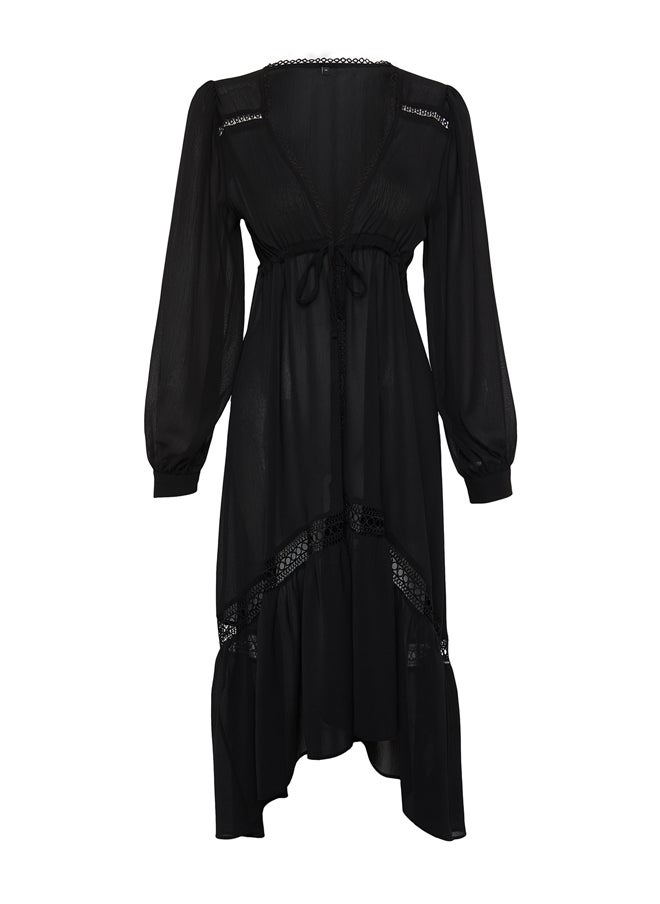 trendyol - Black Tropical Patterned Maxi Chiffon Kimono & Kaftan with Woven Ribbon Accessories TBESS23KM00002 - Image 1