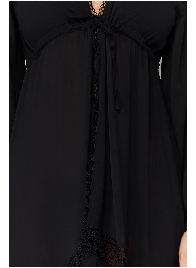 trendyol - Black Tropical Patterned Maxi Chiffon Kimono & Kaftan with Woven Ribbon Accessories TBESS23KM00002 - Image 1