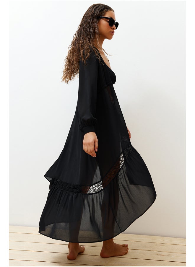 trendyol - Black Tropical Patterned Maxi Chiffon Kimono & Kaftan with Woven Ribbon Accessories TBESS23KM00002 - Image 1