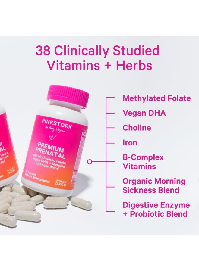 Pink Stork Premium Prenatal with Methylated Folate, Vegan DHA + Morning Sickness Blend, 60 Capsules, Dietary Supplement - Image 2
