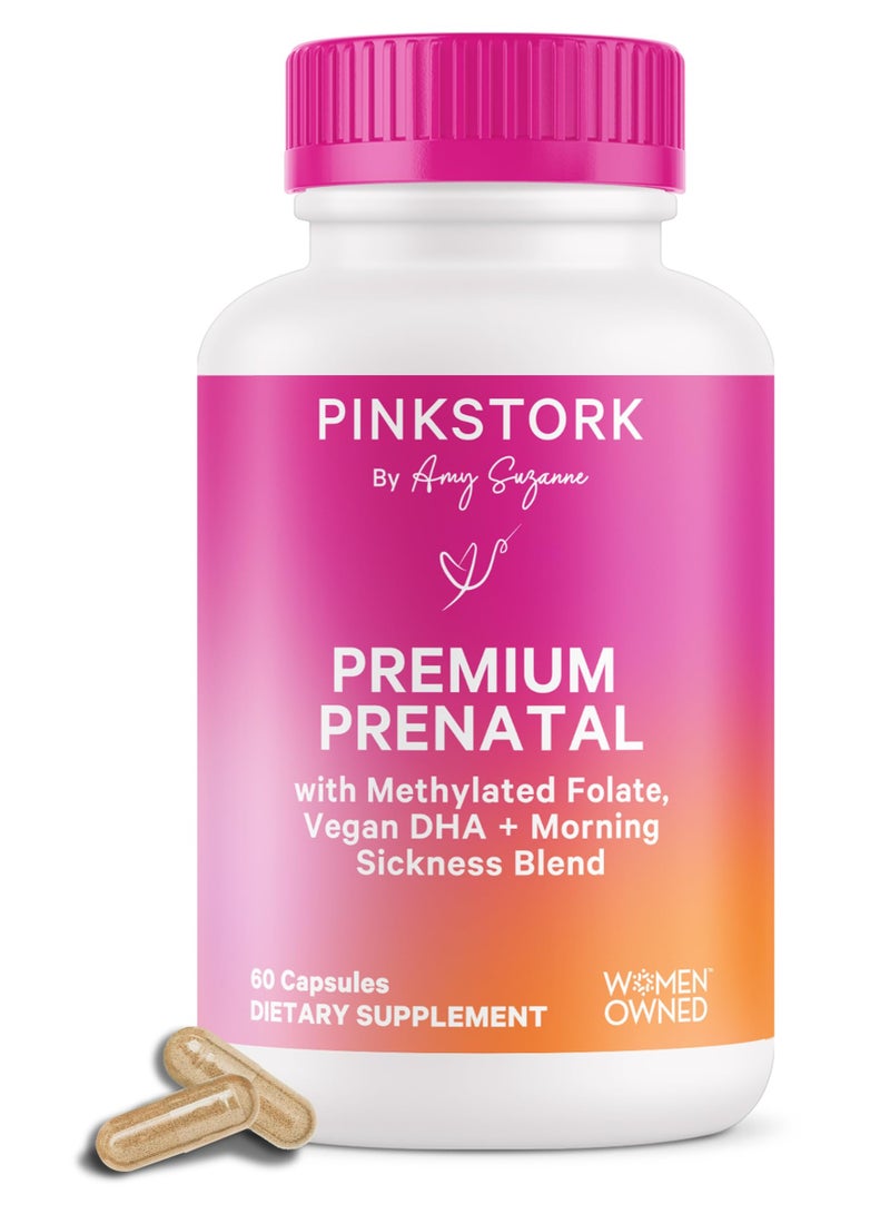 Pink Stork Premium Prenatal with Methylated Folate, Vegan DHA + Morning Sickness Blend, 60 Capsules, Dietary Supplement - Image 1