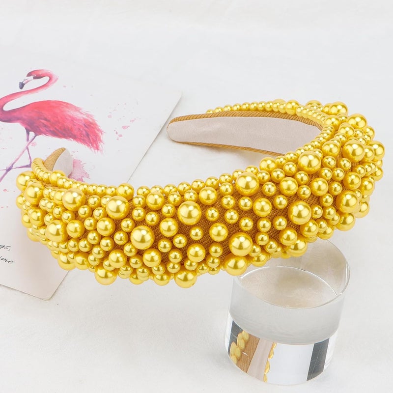 Yellow Pearl Headbands for Women Gold Wide Padded Hair Hoop with Faux Pearl for Bridal Bling Wedding Hairbands Hair Accessories for Women Girls