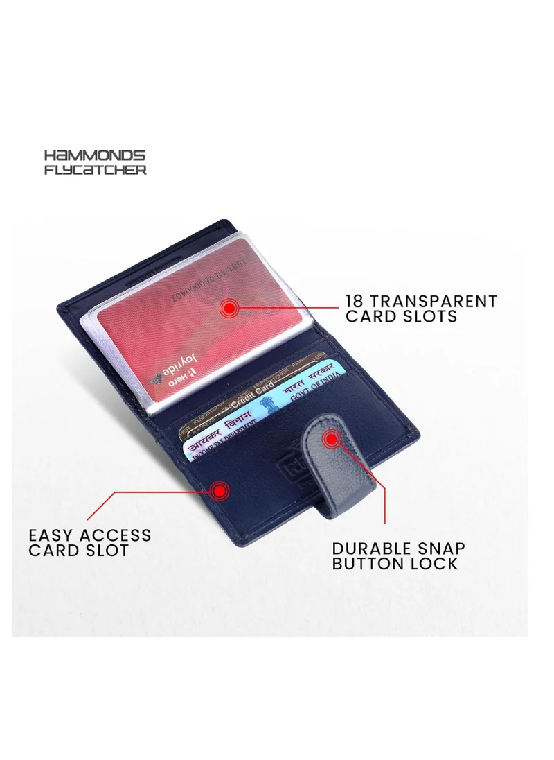 HAMMONDS FLYCATCHER Leather Card Holder for Men, Credit Card Holder, Slim Bi-Fold RFID Protected Credit Card Wallet for Men with 18 Card Slots, Metal Snap Button - Blue | 1YPX