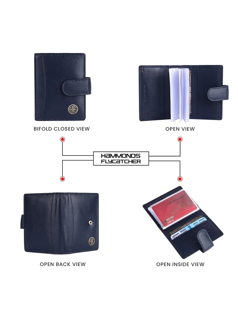 HAMMONDS FLYCATCHER Leather Card Holder for Men, Credit Card Holder, Slim Bi-Fold RFID Protected Credit Card Wallet for Men with 18 Card Slots, Metal Snap Button - Blue | 1YPX