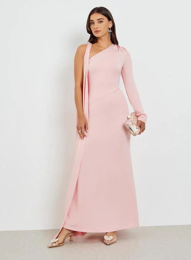 Styli  Pink One Shoulder Drape Shawl Maxi Dress for Women | Best Price UAE