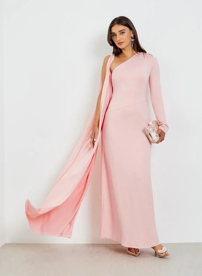 Styli Pink One Shoulder Drape Shawl Maxi Dress