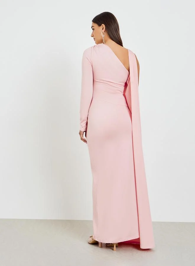 Styli  Pink One Shoulder Drape Shawl Maxi Dress for Women | Best Price UAE