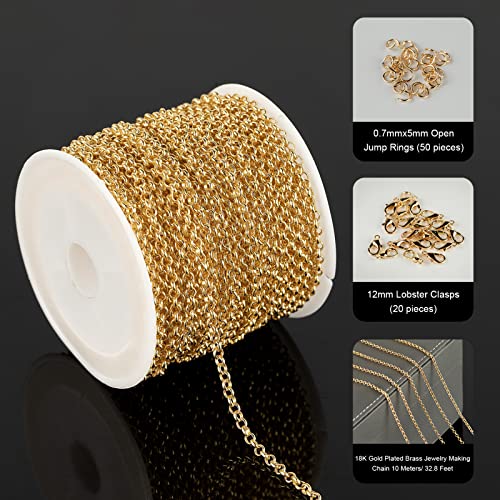 YOUBEIYEE 18K Gold Plated Brass Jewelry Making Chain, 10 Meters Circle Rolo Chains Bulk with 50pcs Jump Rings + 20pcs Lobster Clasps Women Necklace DIY Jewelry Supplies Findings - Image 2