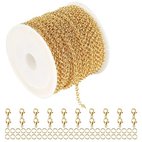 YOUBEIYEE 18K Gold Plated Brass Jewelry Making Chain, 10 Meters Circle Rolo Chains Bulk with 50pcs Jump Rings + 20pcs Lobster Clasps Women Necklace DIY Jewelry Supplies Findings - Image 1