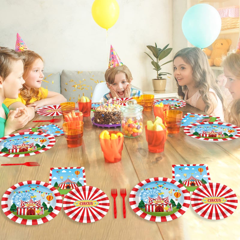 Tevxj مجموعة أدوات المائدة للسيرك 96 قطعة - أدوات مائدة ذات طابع كرنفالي - أطباق حلوى قابلة للتصرف - أطباق حفلة السيرك - مناديل - شوك لمناسبات الأولاد والبنات - زينة الحفلات لـ 24 ضيفًا - Image 5