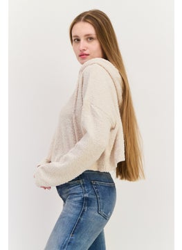 NIA Women Hooded Long Sleeves Sweater, Beige  - Image 2