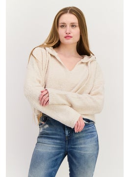 NIA Women Hooded Long Sleeves Sweater, Beige  - Image 1