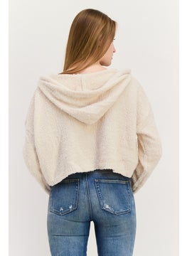 NIA Women Hooded Long Sleeves Sweater, Beige  - Image 3