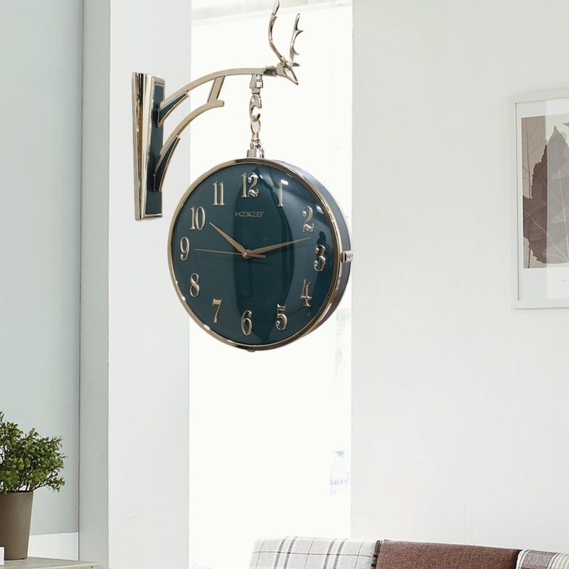 Prakal Nordic Silent Double Sided Wall Clock Modern Design Living Room Silver Large Watch Metal Luxury Clocks Wall Home Decor (W4-Green)