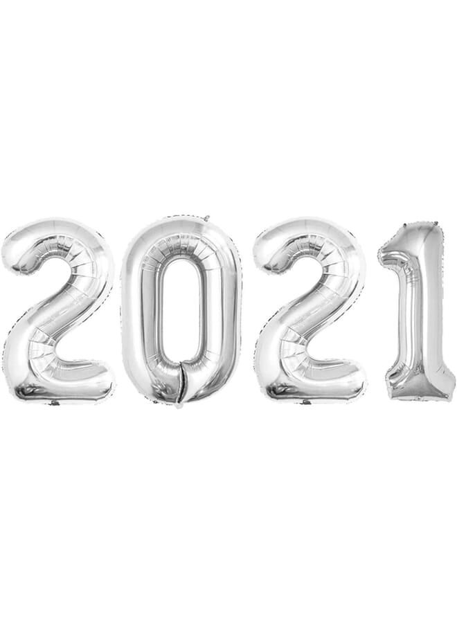 بارتي تايم 2021 بالونات فويل فضية لزينة رأس السنة مقاس 40 بوصة | لوازم حفلات رأس السنة 2021 فضية | زينة سنة جديدة سعيدة 2021 | ديكورات ناي فضية 2021 4 قطع