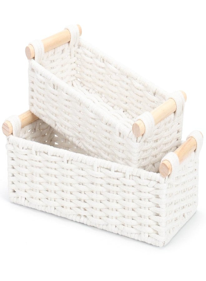 Jukercici Boho Cotton Rope Storage Baskets Set of 2, Woven Wicker Organizer Bins with Wooden Handles, Small Decorative Boxes for Organizing, Toilet Paper Baskets for Bathroom Countertop, Shelves (White 2 Pack) - Image 1