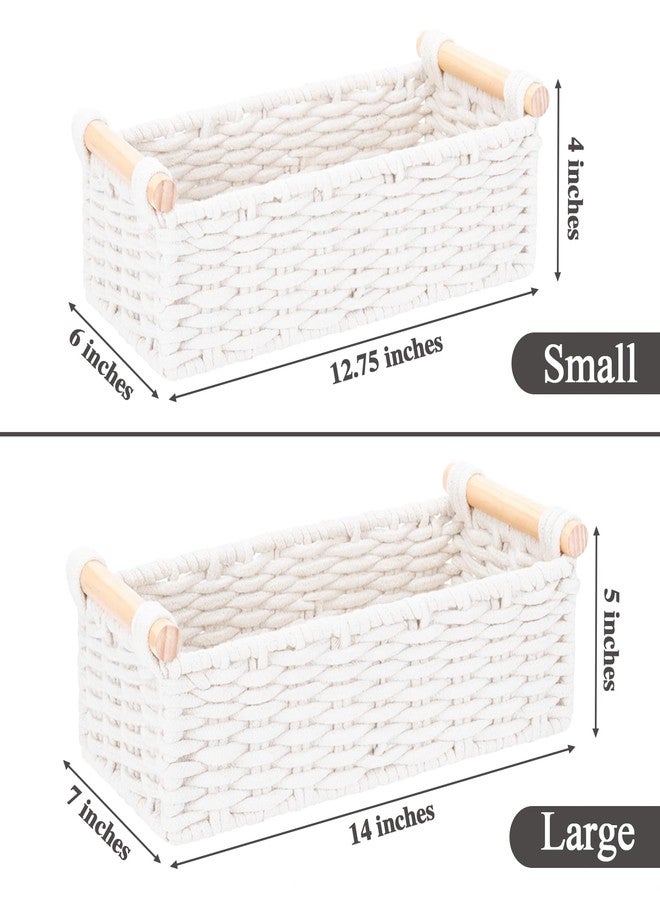 Jukercici Boho Cotton Rope Storage Baskets Set of 2, Woven Wicker Organizer Bins with Wooden Handles, Small Decorative Boxes for Organizing, Toilet Paper Baskets for Bathroom Countertop, Shelves (White 2 Pack) - Image 2