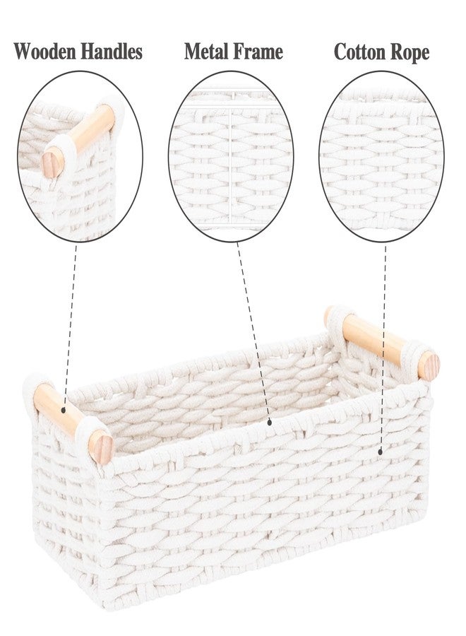 Jukercici Boho Cotton Rope Storage Baskets Set of 2, Woven Wicker Organizer Bins with Wooden Handles, Small Decorative Boxes for Organizing, Toilet Paper Baskets for Bathroom Countertop, Shelves (White 2 Pack) - Image 4