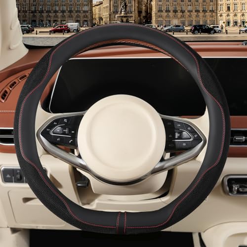 Binsheo Nappa Leather Black D Shape Steering Wheel Cover Advanced Microfiber Leather NonSlip Breathable Fabric Warm in Winter and Cool in Summer Universal 15 inch