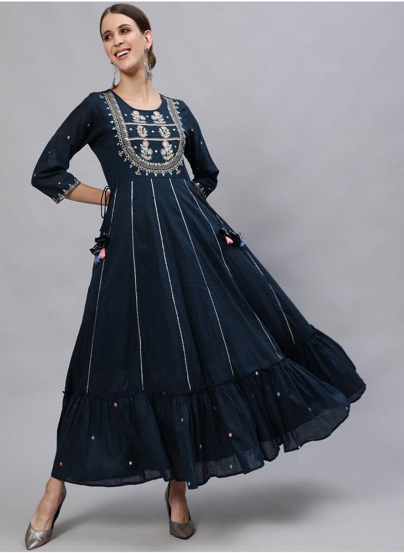 ISHIN - Navy Blue Kurta Straight Fit 3/4 Sleeve Sleeve made from Cotton featuring Self Design design and Round Neck neckline - Perfect for Ethinic! - Image 1