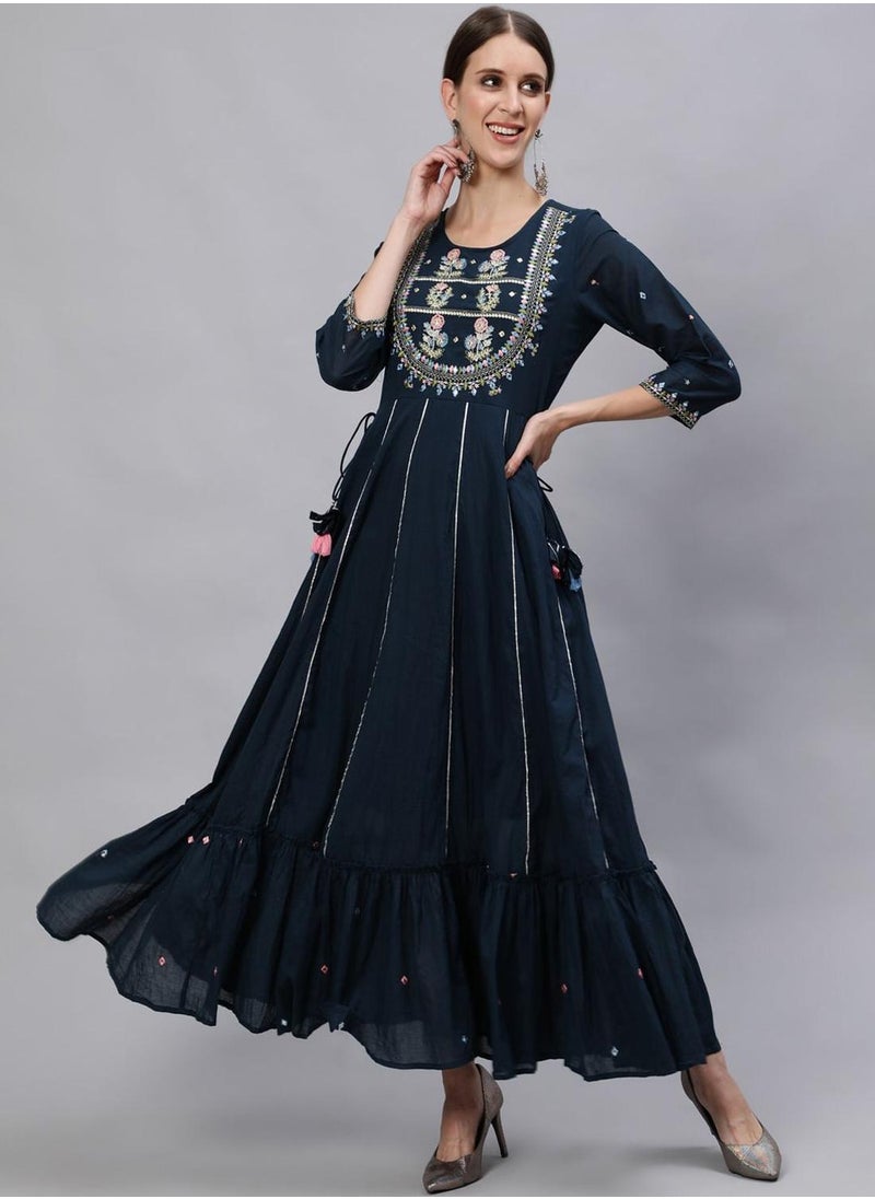 ISHIN - Navy Blue Kurta Straight Fit 3/4 Sleeve Sleeve made from Cotton featuring Self Design design and Round Neck neckline - Perfect for Ethinic! - Image 1