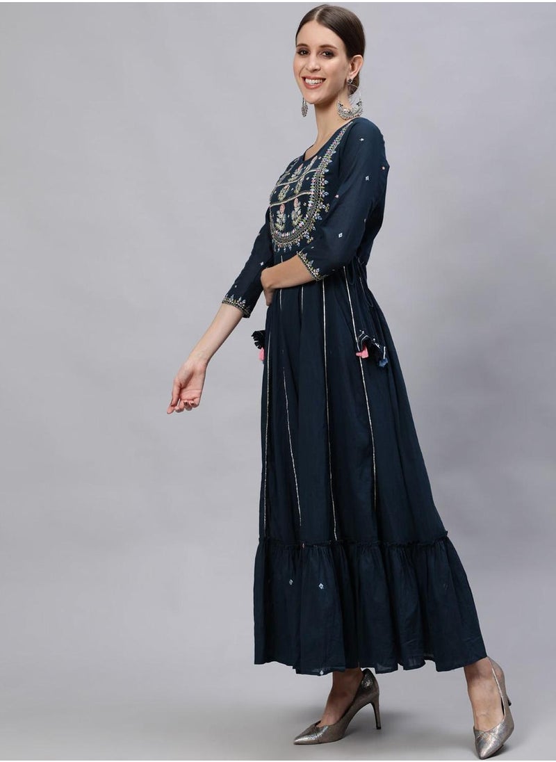 ISHIN - Navy Blue Kurta Straight Fit 3/4 Sleeve Sleeve made from Cotton featuring Self Design design and Round Neck neckline - Perfect for Ethinic! - Image 1