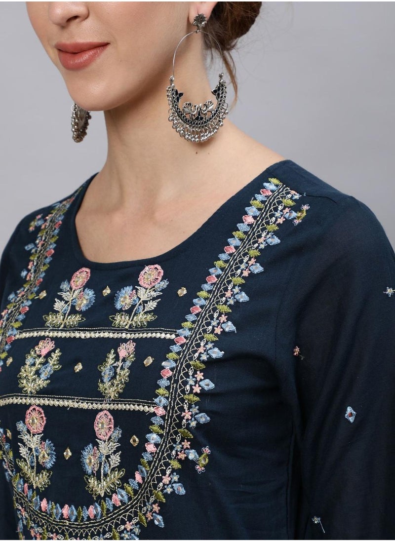 ISHIN - Navy Blue Kurta Straight Fit 3/4 Sleeve Sleeve made from Cotton featuring Self Design design and Round Neck neckline - Perfect for Ethinic! - Image 1