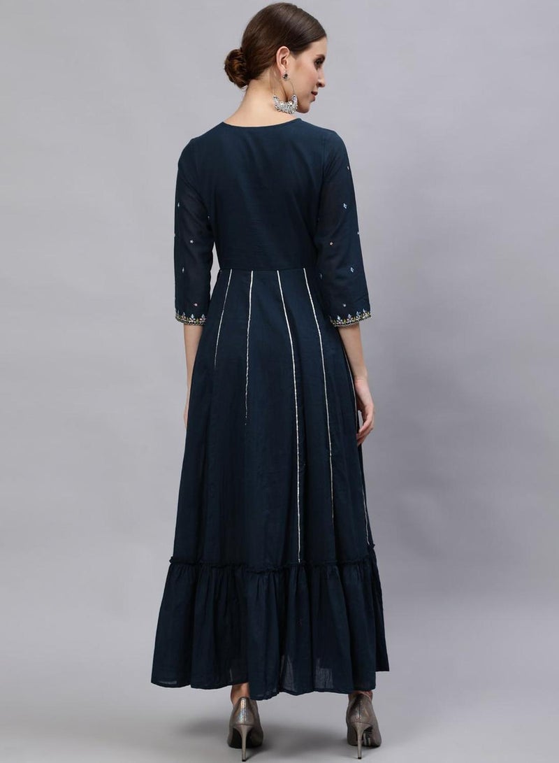 ISHIN Women's Navy Blue 100% Cotton Self Design Kurta - Image 5
