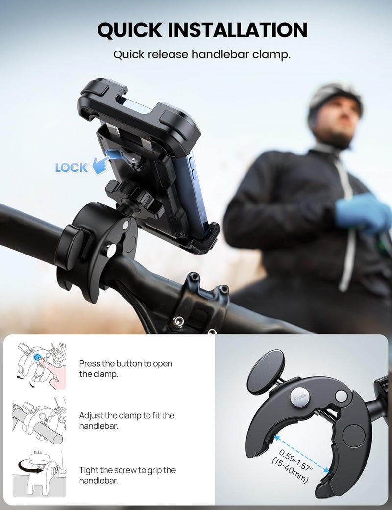 Lamicall Motorcycle Phone Mount, Bike Phone Holder - Upgrade Quick Install Handlebar Clip for Bicycle Scooter, Cell Phone Clamp for iPhone 17/16 Pro,15 Pro MAX, Galaxy S25 and More 4.7-6.8" Phone - Image 4